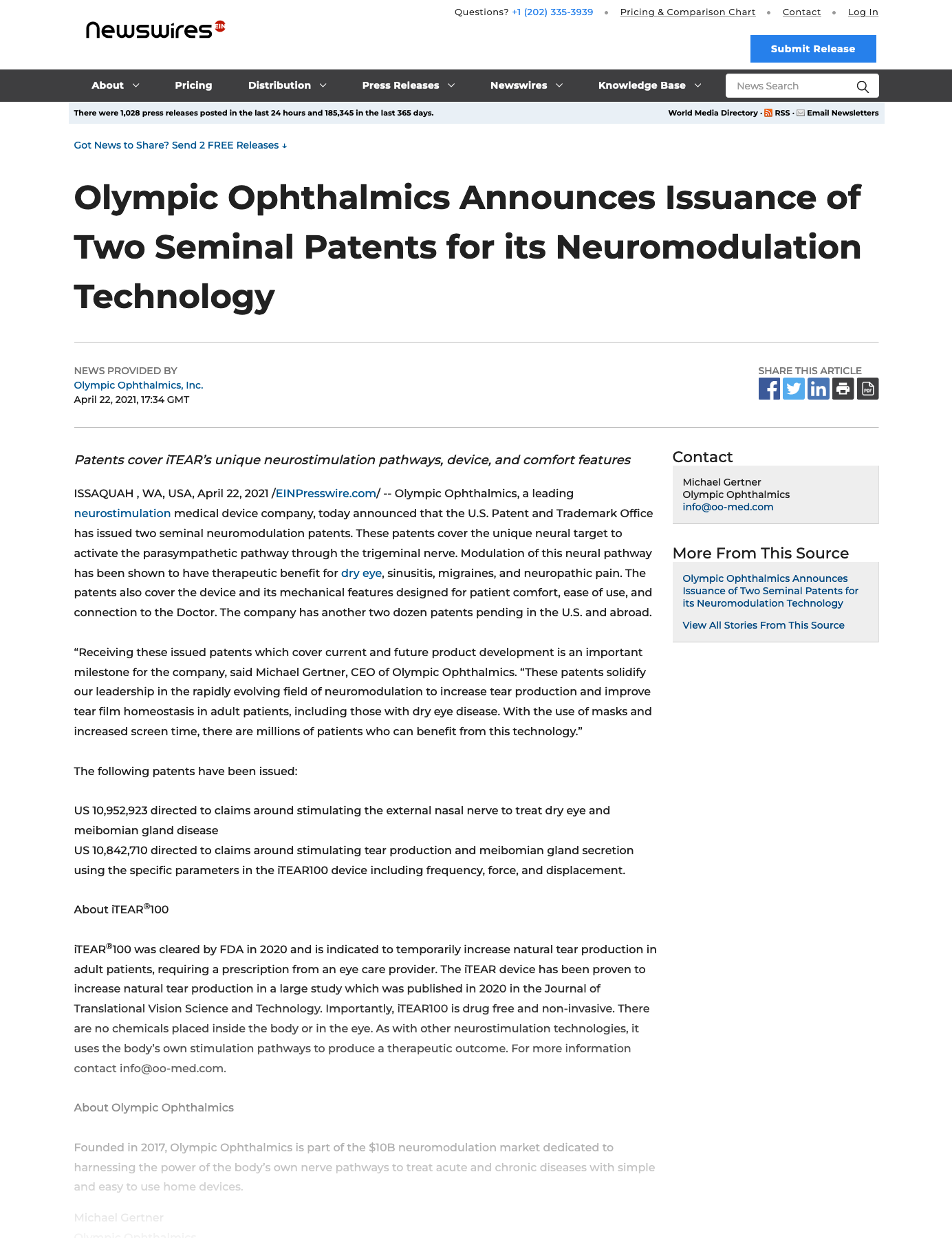 3-Olympic-Ophthalmics-Announces-Issuance-of-Two-Seminal-Patents-for-its-Neuromodulation-Technology-apr22-2021